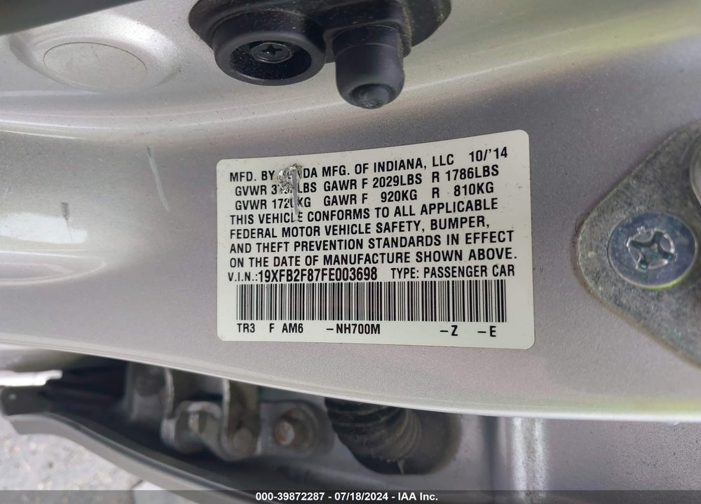 2015 HONDA CIVIC VIN: 19XFB2F87FE003698