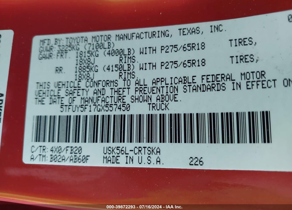 2016 TOYOTA TUNDRA SR5 5.7L V8 VIN: 5TFUY5F17GX557450