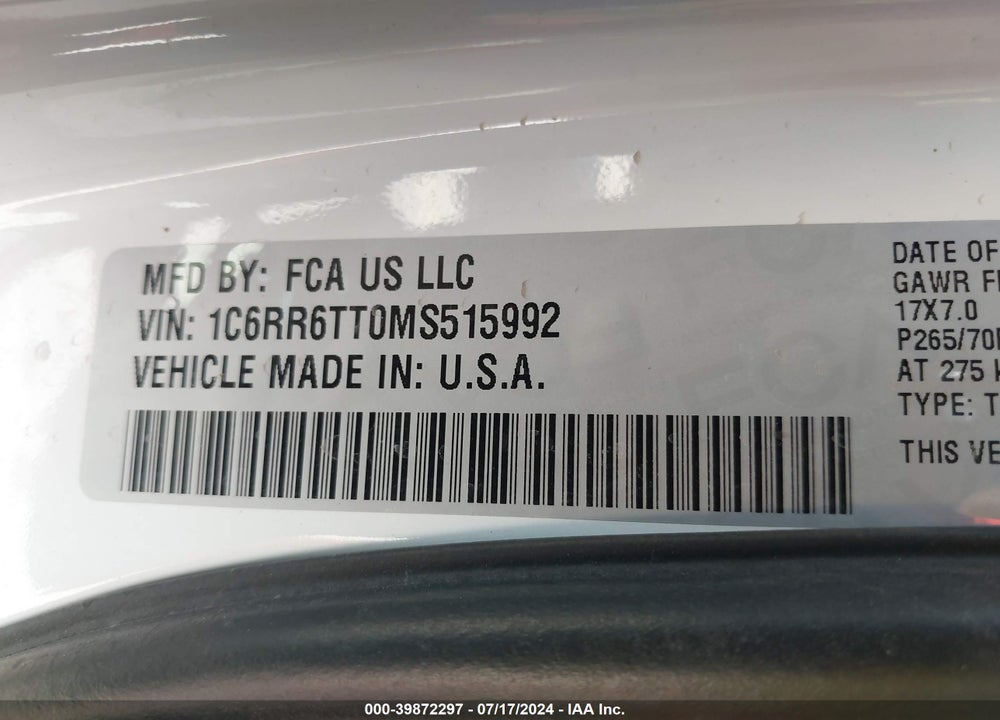 2021 RAM 1500 CLASSIC VIN: 1C6RR6TT0MS515992