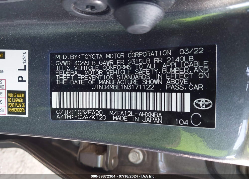 2022 TOYOTA COROLLA SE VIN: JTND4MBE1N3171122