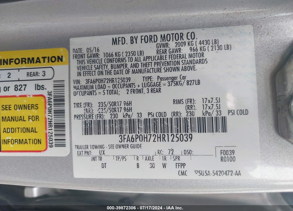 2017 FORD FUSION SE VIN: 3FA6P0H72HR125039