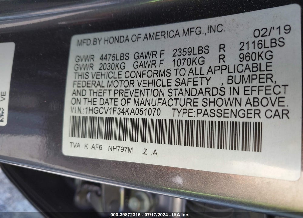 2019 HONDA ACCORD SPORT VIN: 1HGCV1F34KA051070