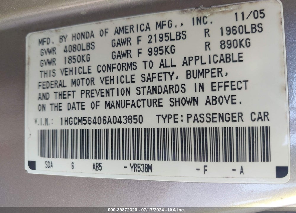 2006 HONDA ACCORD 2.4 LX VIN: 1HGCM56406A043850
