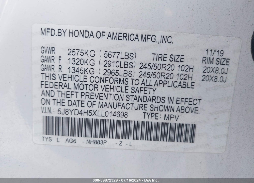 2020 ACURA MDX TECHNOLOGY PACKAGE VIN: 5J8YD4H5XLL014698