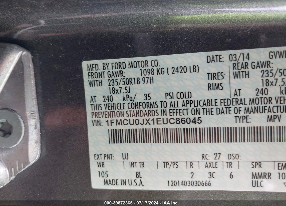 2014 FORD ESCAPE TITANIUM VIN: 1FMCU0JX1EUC86045