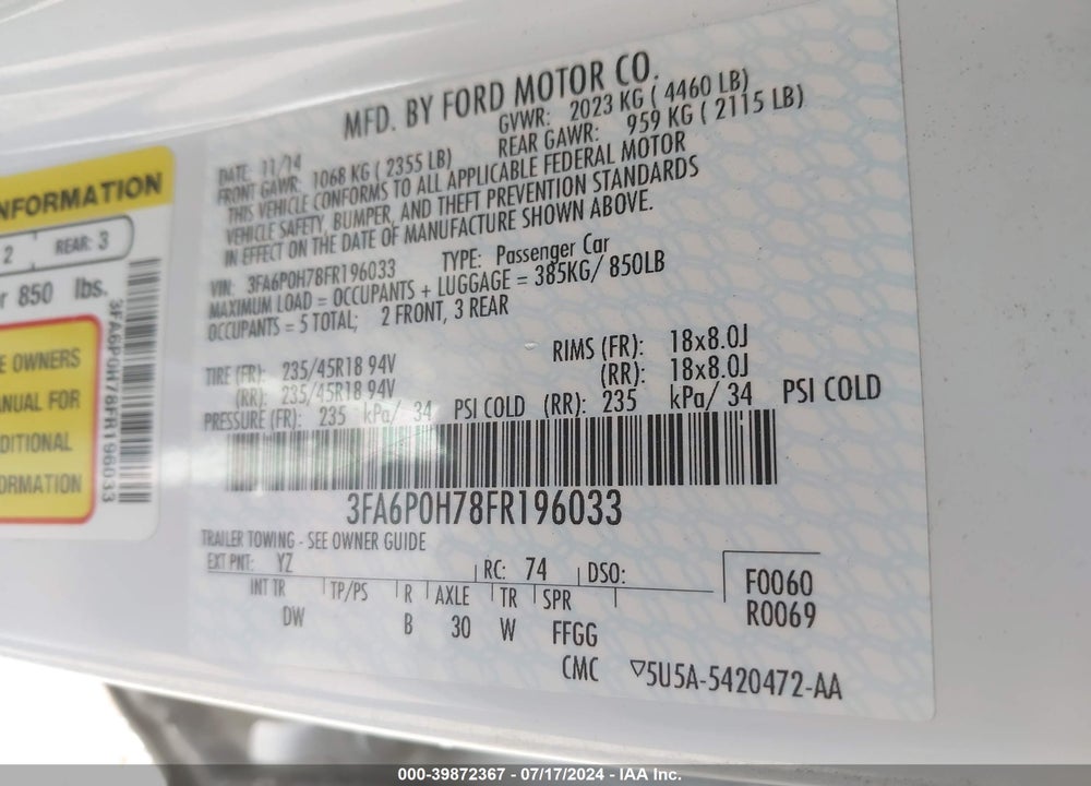 2015 FORD FUSION SE VIN: 3FA6P0H78FR196033