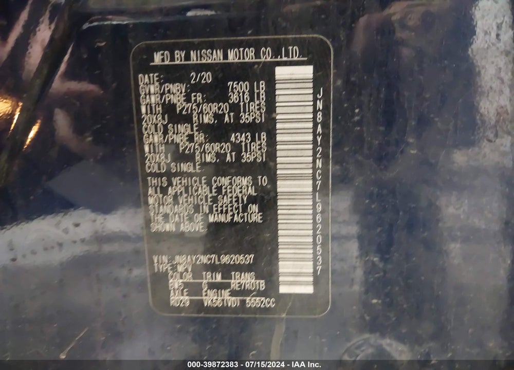 2020 NISSAN ARMADA SL 4WD VIN: JN8AY2NC7L9620537