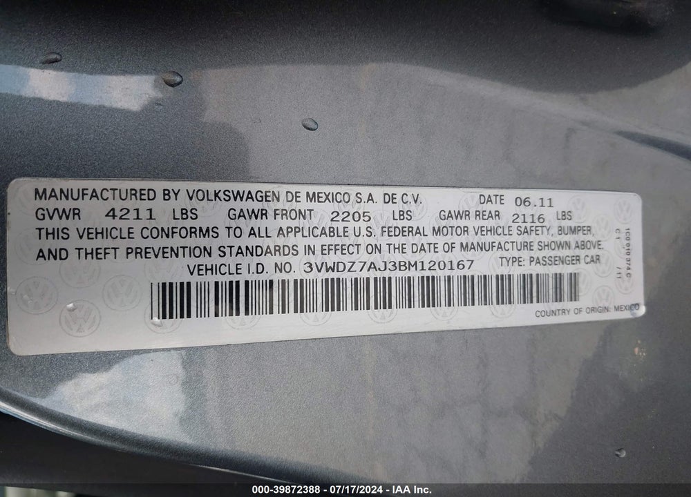 2011 VOLKSWAGEN JETTA 2.5L SE VIN: 3VWDZ7AJ3BM120167