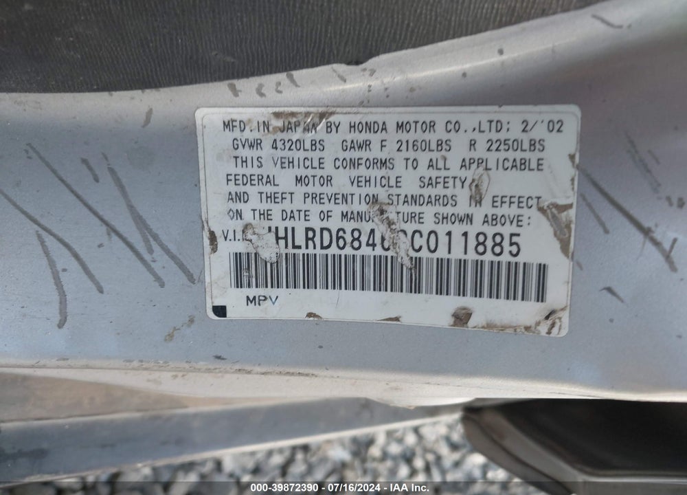 2002 HONDA CR-V LX VIN: JHLRD68462C011885