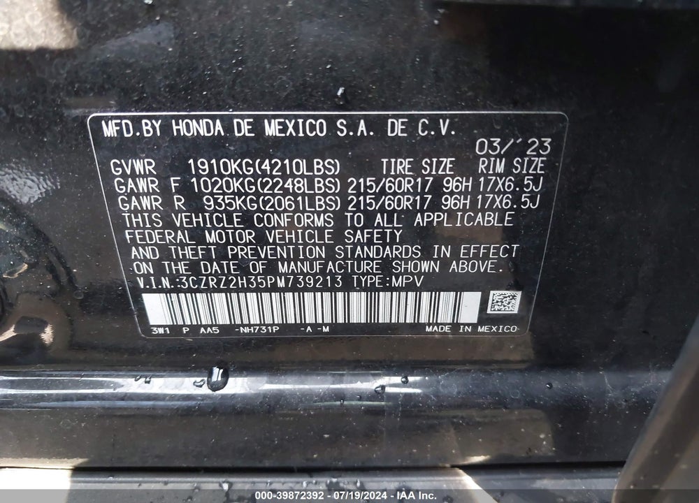 2023 HONDA HR-V AWD LX VIN: 3CZRZ2H35PM739213