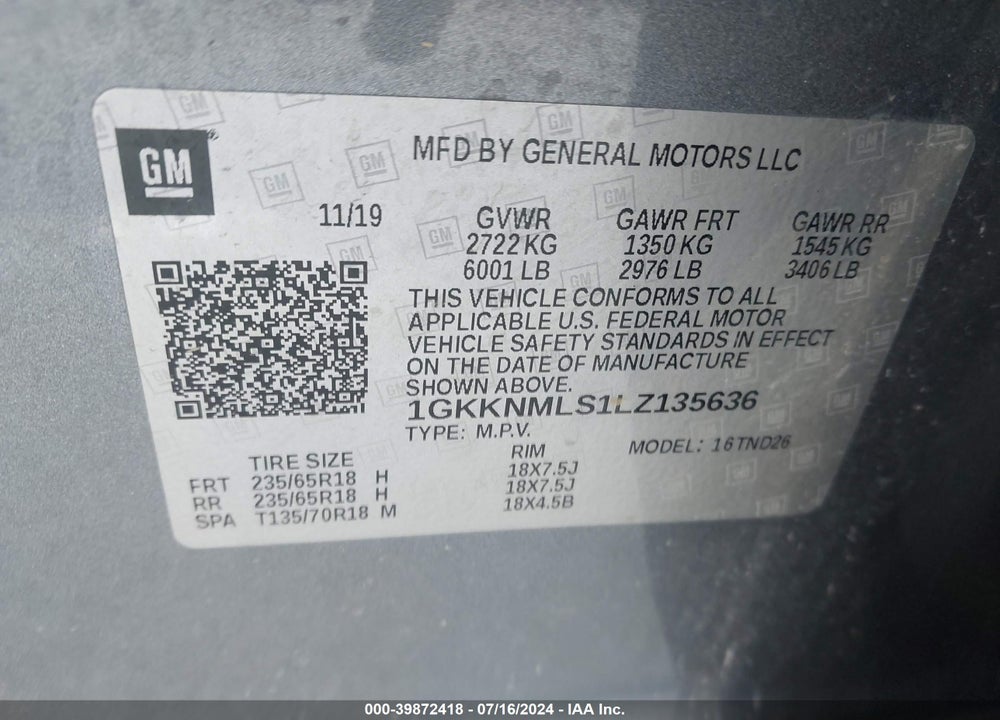 2020 GMC ACADIA FWD SLT VIN: 1GKKNMLS1LZ135636