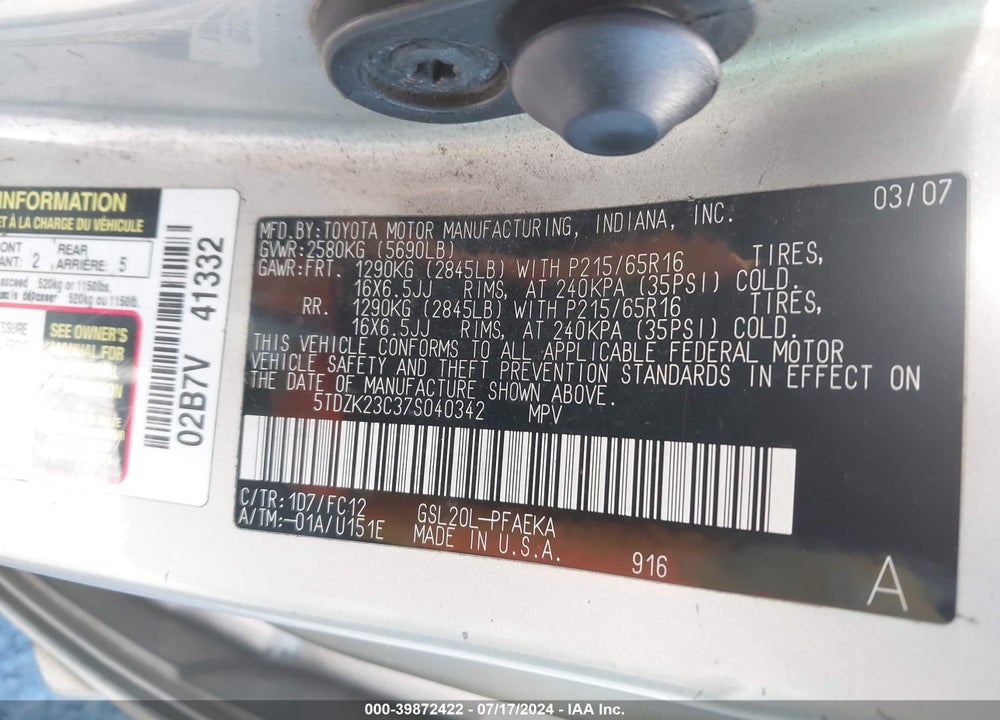 2007 TOYOTA SIENNA LE VIN: 5TDZK23C37S040342