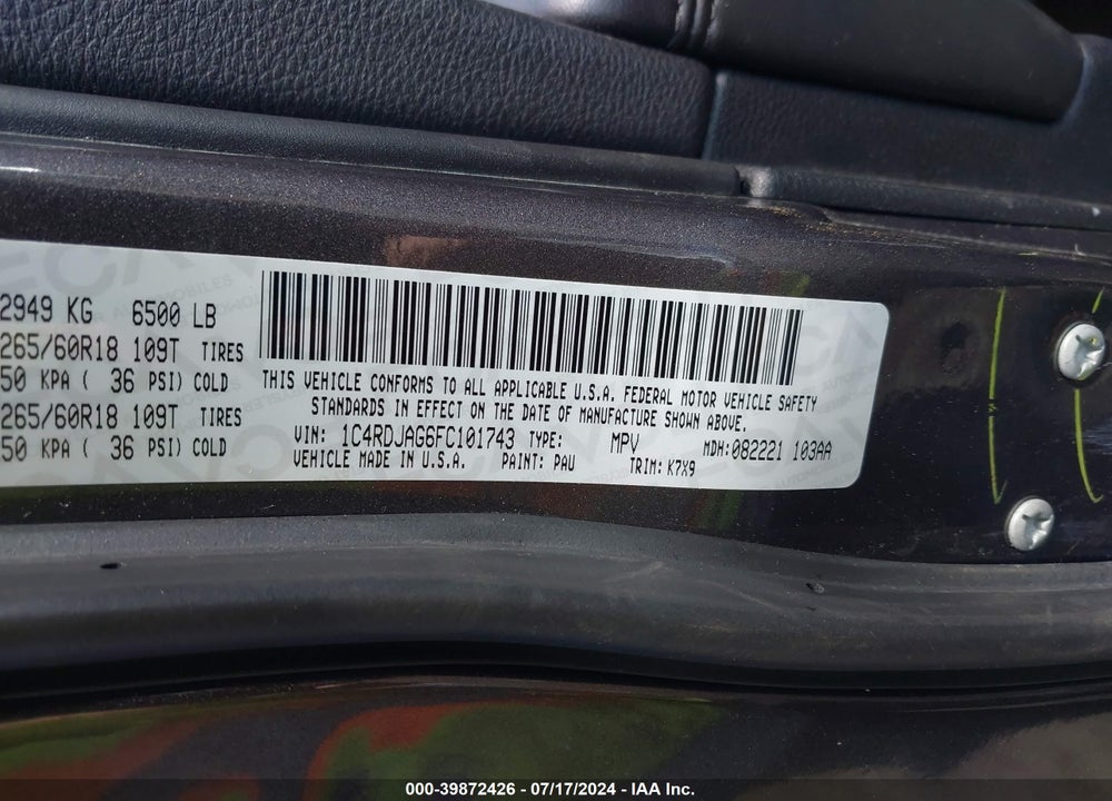2015 DODGE DURANGO SXT VIN: 1C4RDJAG6FC101743