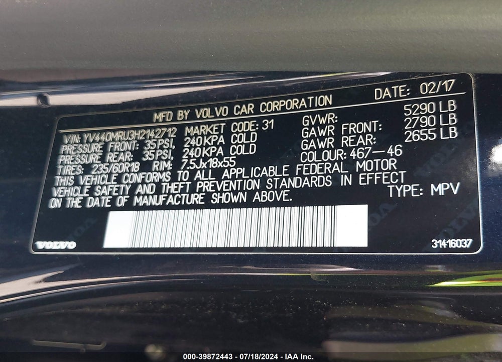2017 VOLVO XC60 T5 INSCRIPTION VIN: YV440MRU3H2142712