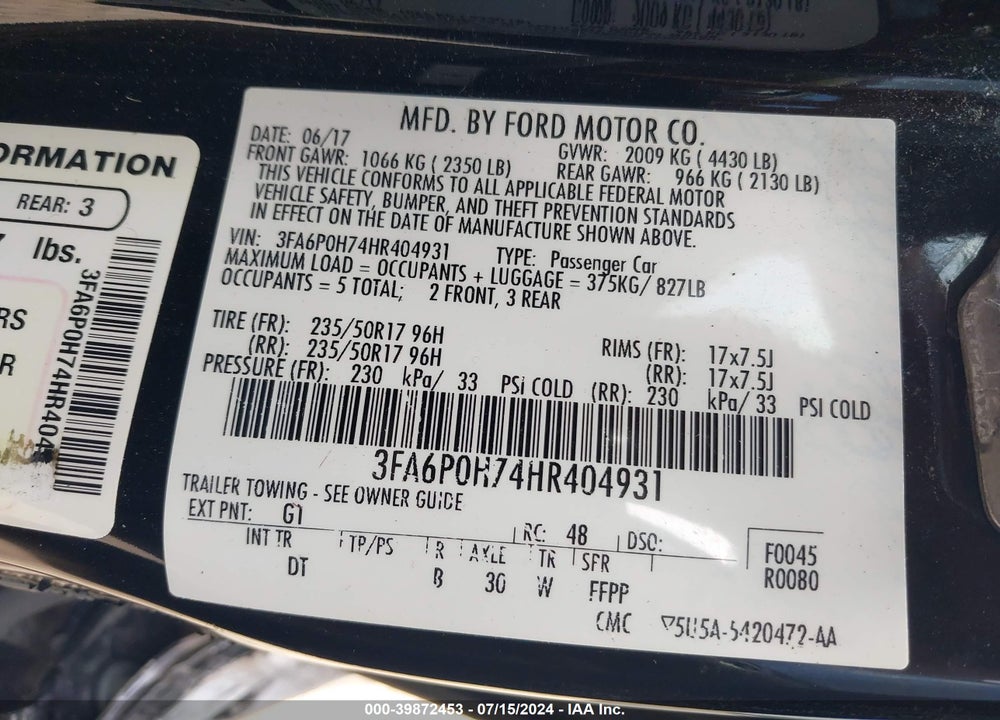 2017 FORD FUSION SE VIN: 3FA6P0H74HR404931
