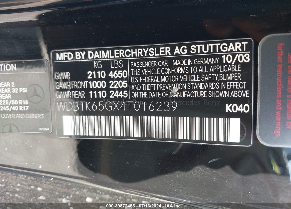 2004 MERCEDES-BENZ CLK 320 VIN: WDBTK65GX4T016239