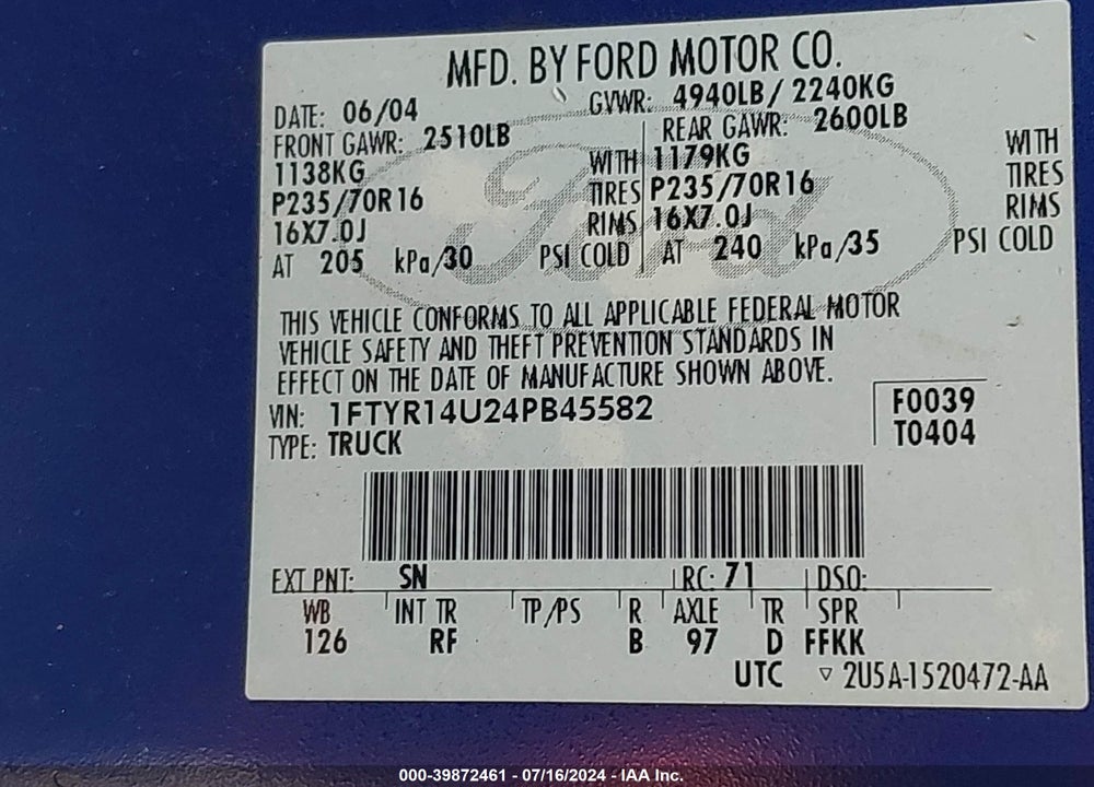 2004 FORD RANGER EDGE/TREMOR/XL/XLT VIN: 1FTYR14U24PB45582