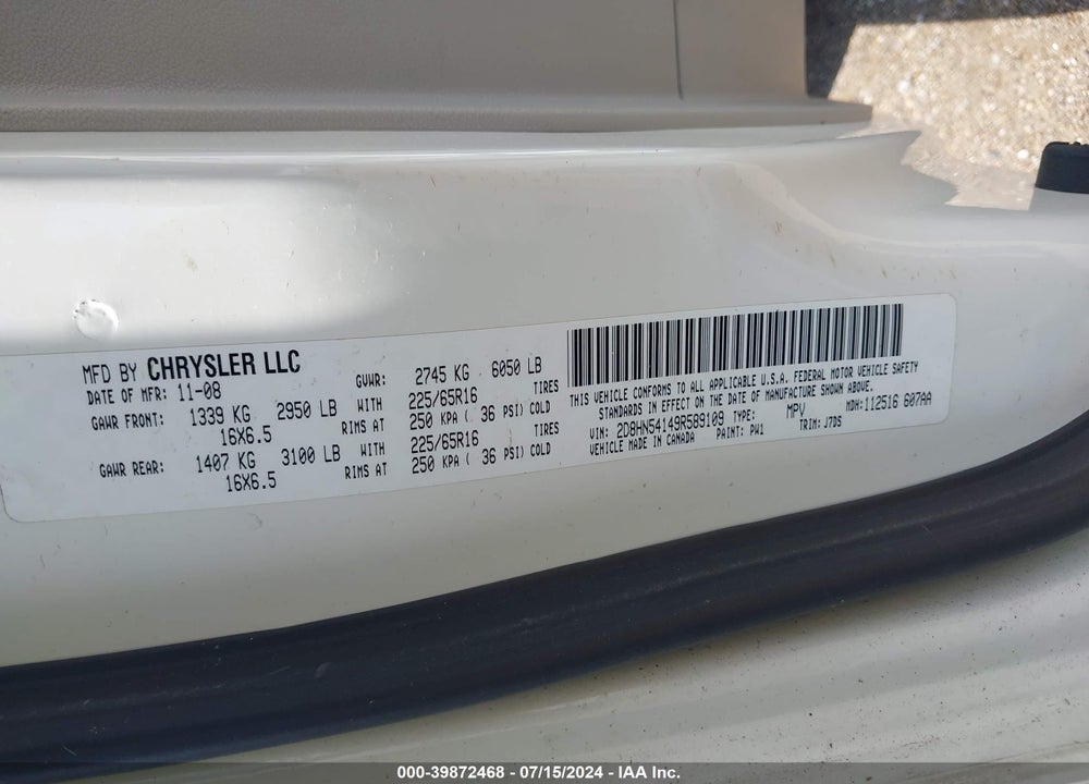 2009 DODGE GRAND CARAVAN VIN: 2D8HN54149R589109