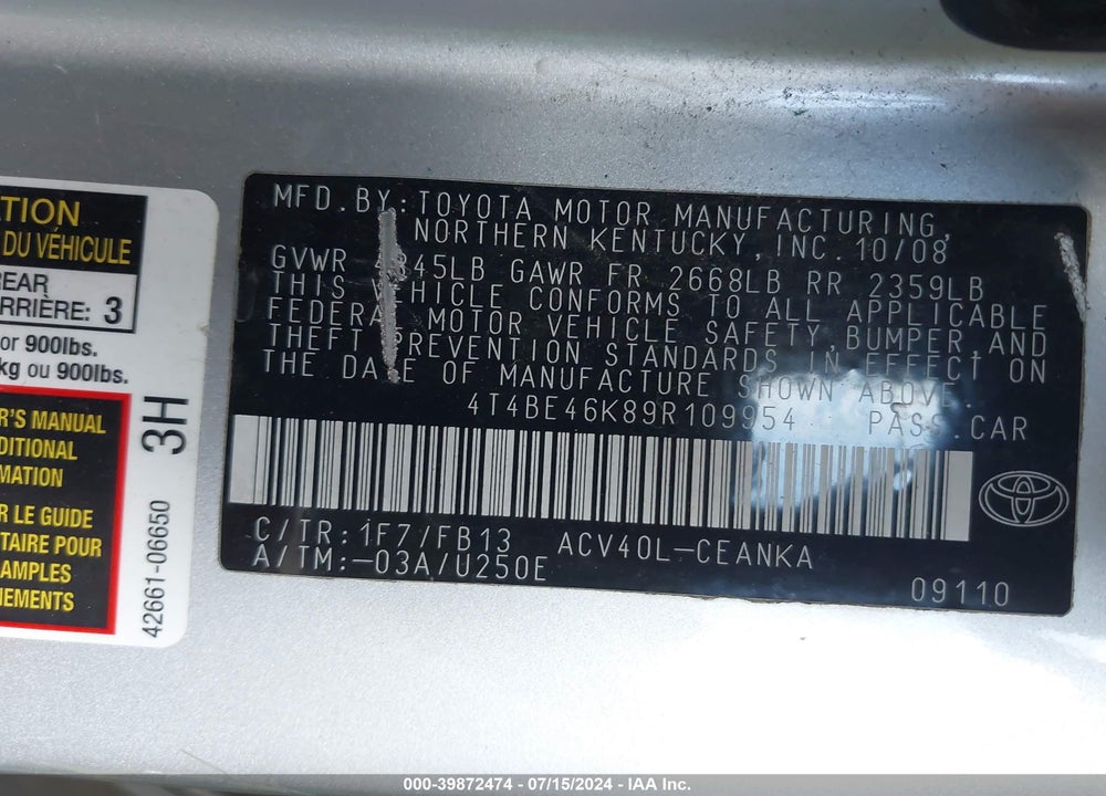2009 TOYOTA CAMRY LE VIN: 4T4BE46K89R109954