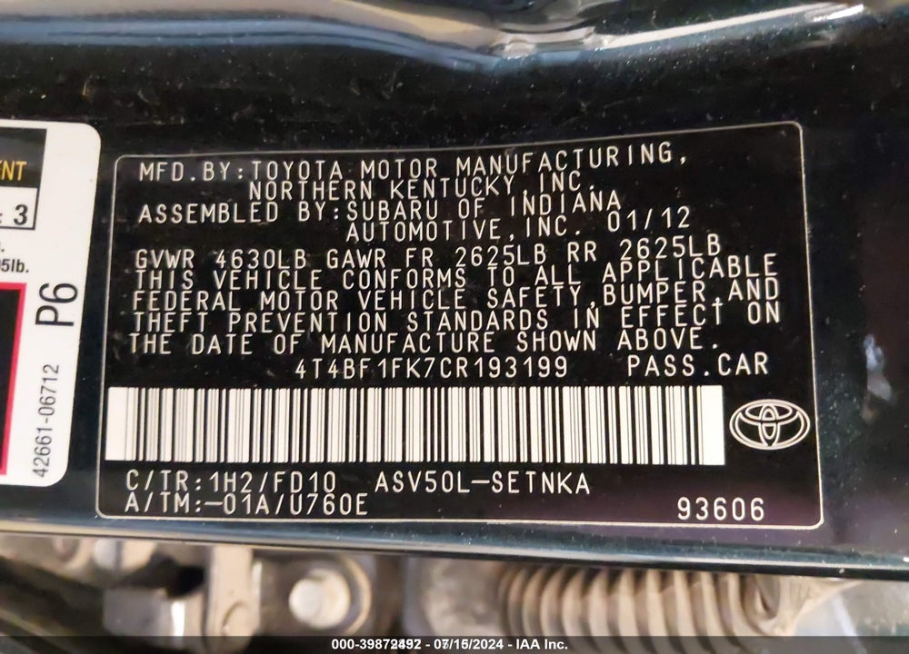 2012 TOYOTA CAMRY LE VIN: 4T4BF1FK7CR193199
