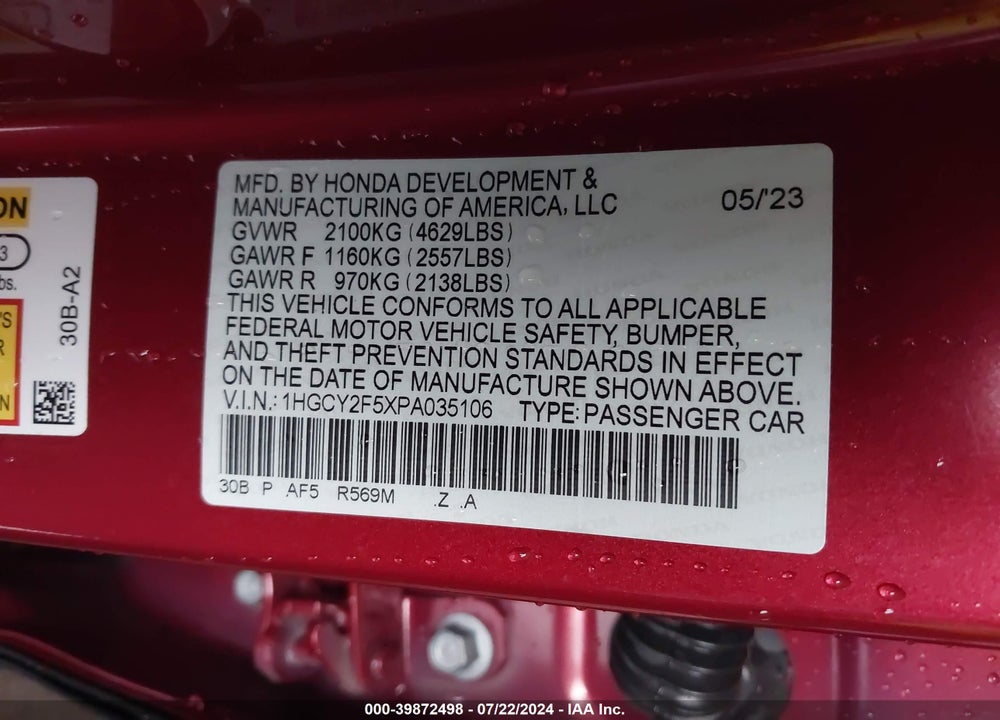 2023 HONDA ACCORD HYBRID SPORT VIN: 1HGCY2F5XPA035106