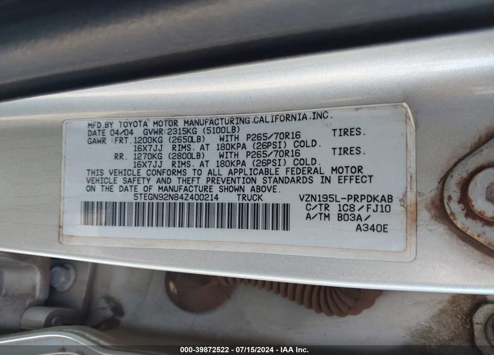 2004 TOYOTA TACOMA PRERUNNER V6 VIN: 5TEGN92N84Z400214