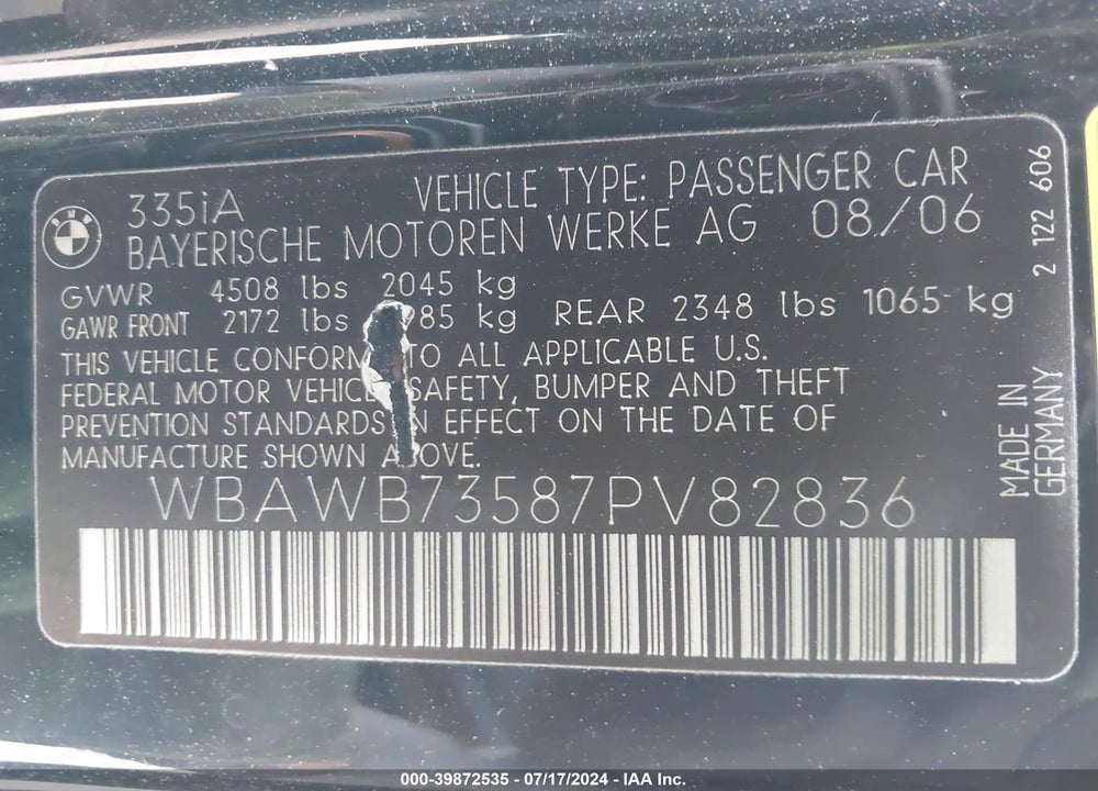 2007 BMW 335I VIN: WBAWB73587PV82836