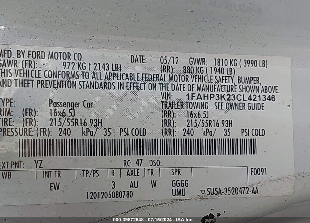2012 FORD FOCUS SE VIN: 1FAHP3K23CL421346
