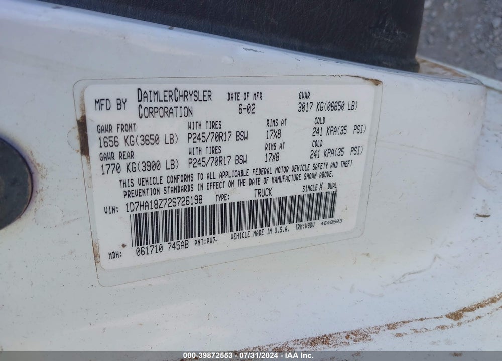 2002 DODGE RAM 1500 ST VIN: 1D7HA18Z72S726198