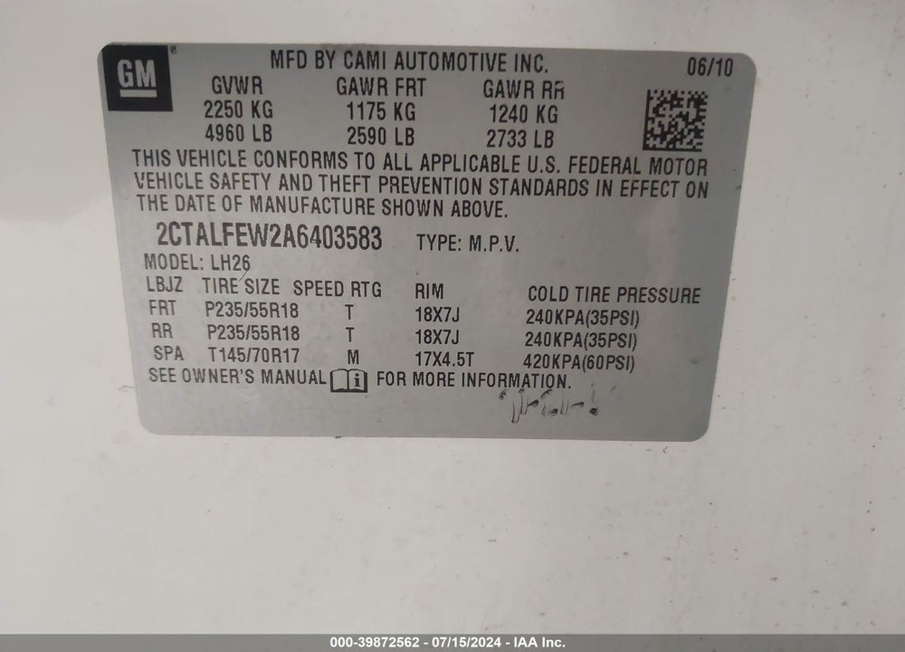 2010 GMC TERRAIN SLT-1 VIN: 2CTALFEW2A6403583