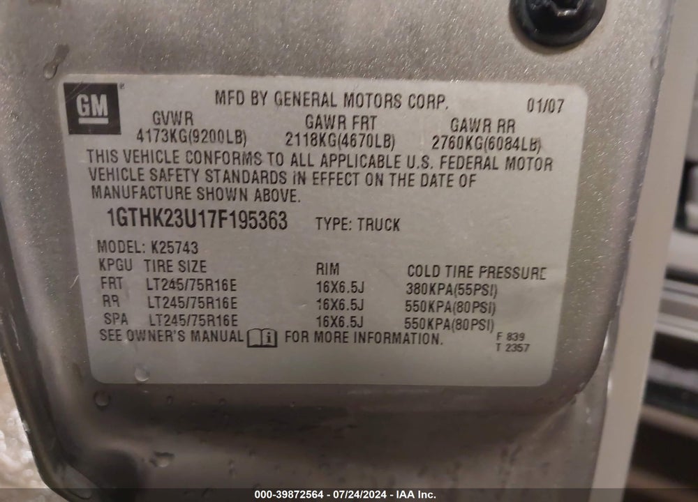 2007 GMC SIERRA 2500HD CLASSIC SLT VIN: 1GTHK23U17F195363