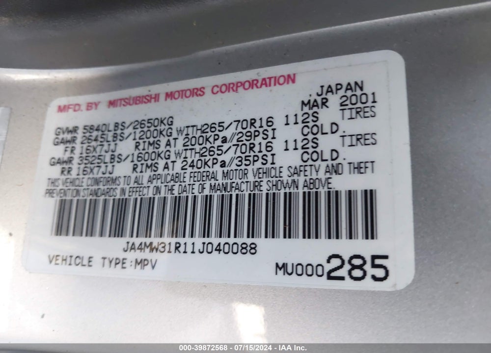2001 MITSUBISHI MONTERO VIN: JA4MW31R11J040088