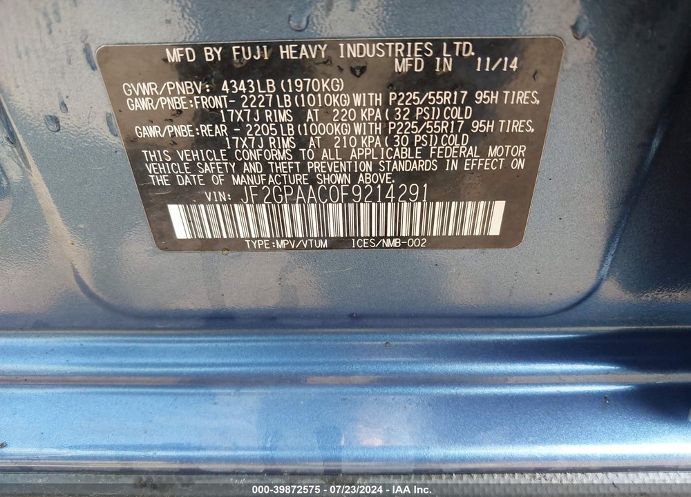 2015 SUBARU XV CROSSTREK 2.0I VIN: JF2GPAAC0F9214291