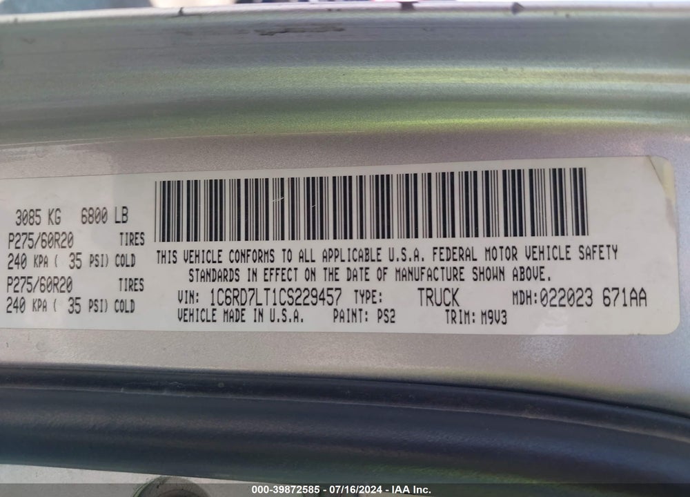 2012 RAM 1500 SLT VIN: 1C6RD7LT1CS229457