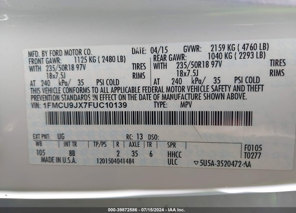 2015 FORD ESCAPE TITANIUM VIN: 1FMCU9JX7FUC10139