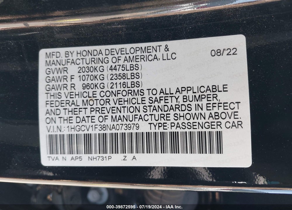 2022 HONDA ACCORD SPORT VIN: 1HGCV1F38NA073979