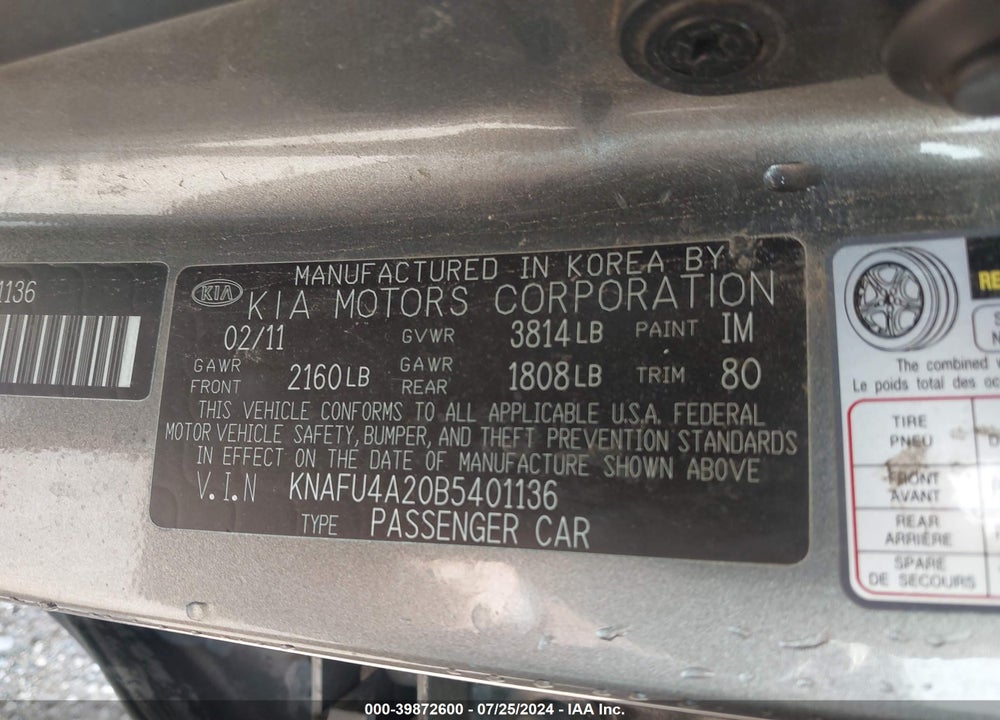 2011 KIA FORTE EX VIN: KNAFU4A20B5401136