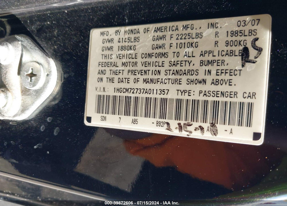 2007 HONDA ACCORD 2.4 EX VIN: 1HGCM72737A011357