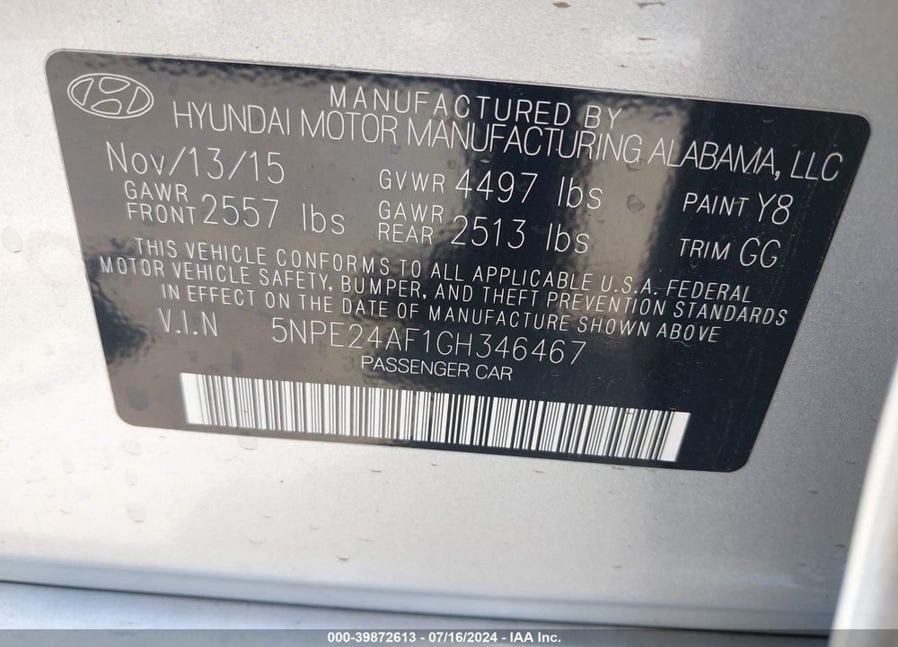 2016 HYUNDAI SONATA SE VIN: 5NPE24AF1GH346467