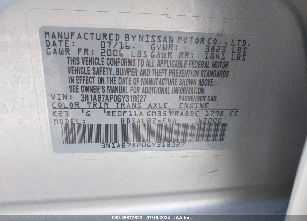 2016 NISSAN SENTRA S VIN: 3N1AB7AP0GY318027