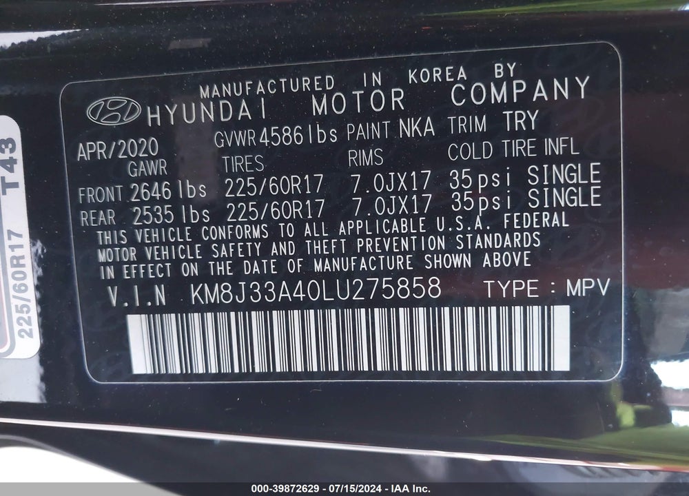 2020 HYUNDAI TUCSON VALUE VIN: KM8J33A40LU275858