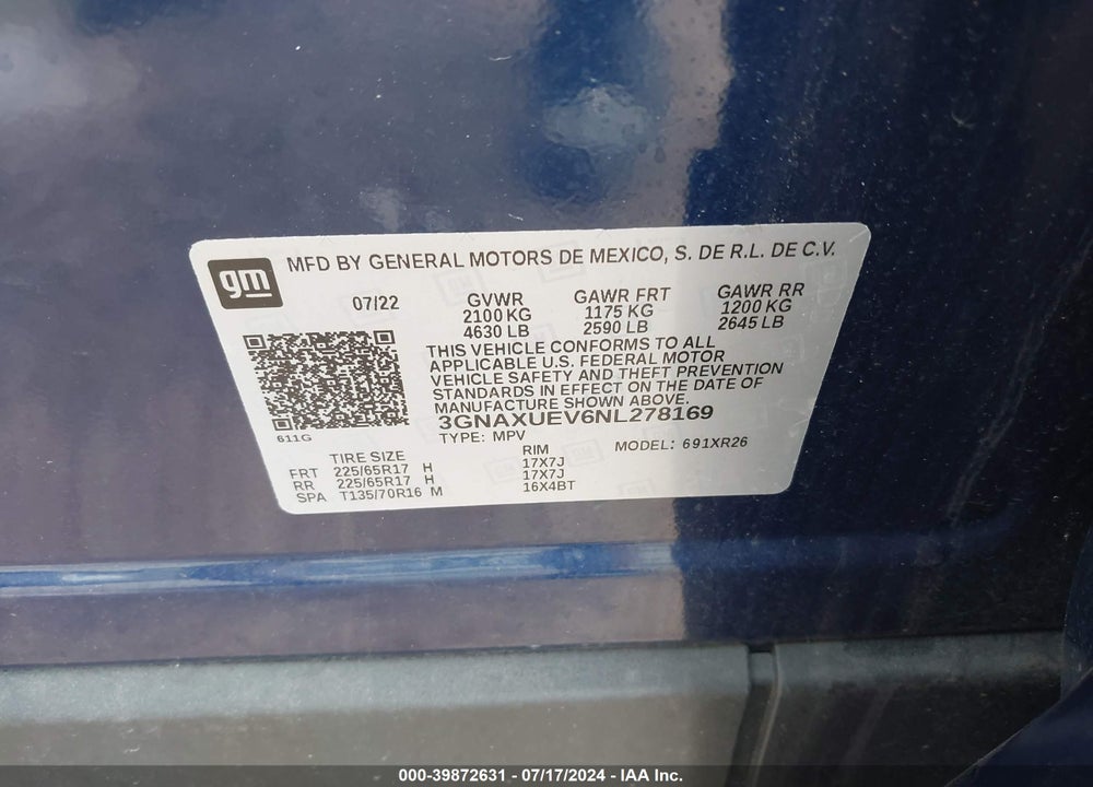 2022 CHEVROLET EQUINOX VIN: 3GNAXUEV6NL278169