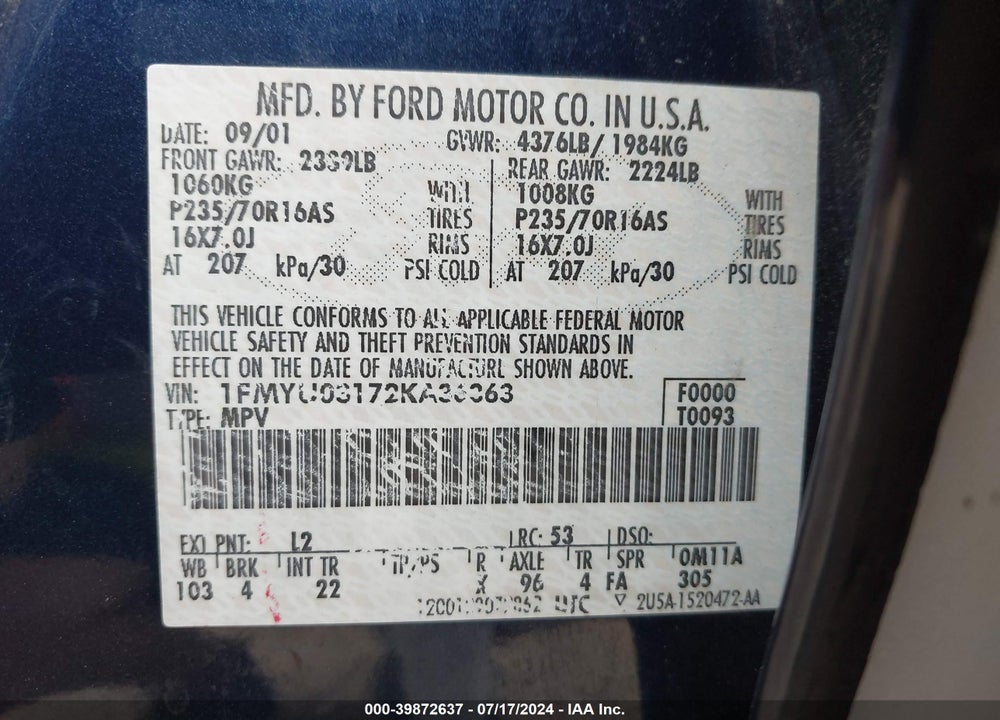 2002 FORD ESCAPE XLT VIN: 1FMYU03172KA36363