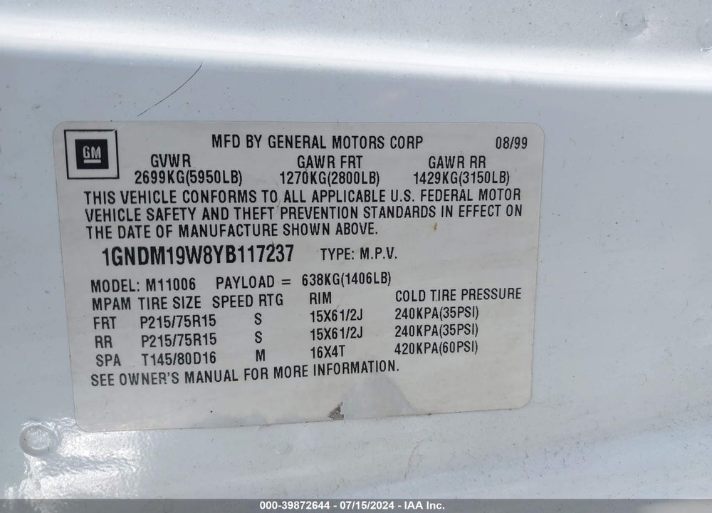 2000 CHEVROLET ASTRO VIN: 1GNDM19W8YB117237