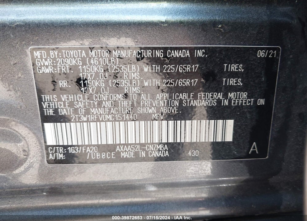2021 TOYOTA RAV4 XLE VIN: 2T3W1RFV0MC151440