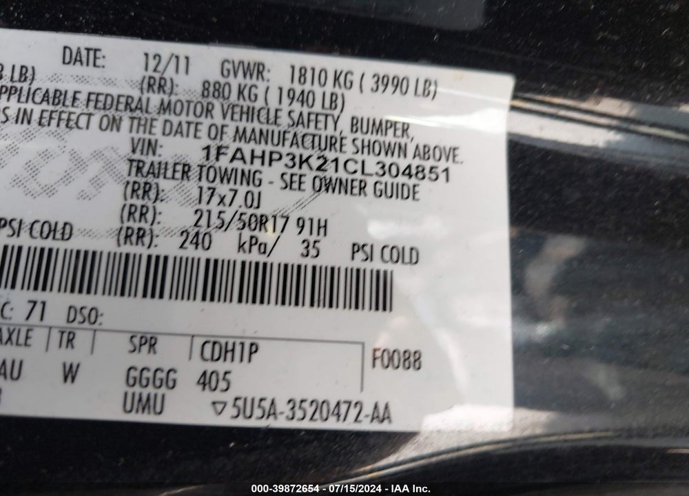 2012 FORD FOCUS SE VIN: 1FAHP3K21CL304851