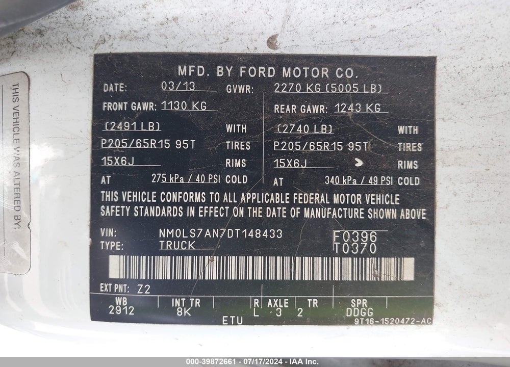 2013 FORD TRANSIT CONNECT XL VIN: NM0LS7AN7DT148433