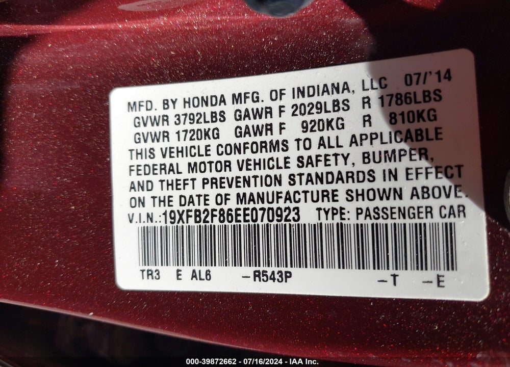 2014 HONDA CIVIC EX VIN: 19XFB2F86EE070923
