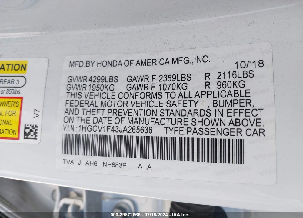 2018 HONDA ACCORD EX VIN: 1HGCV1F43JA265636