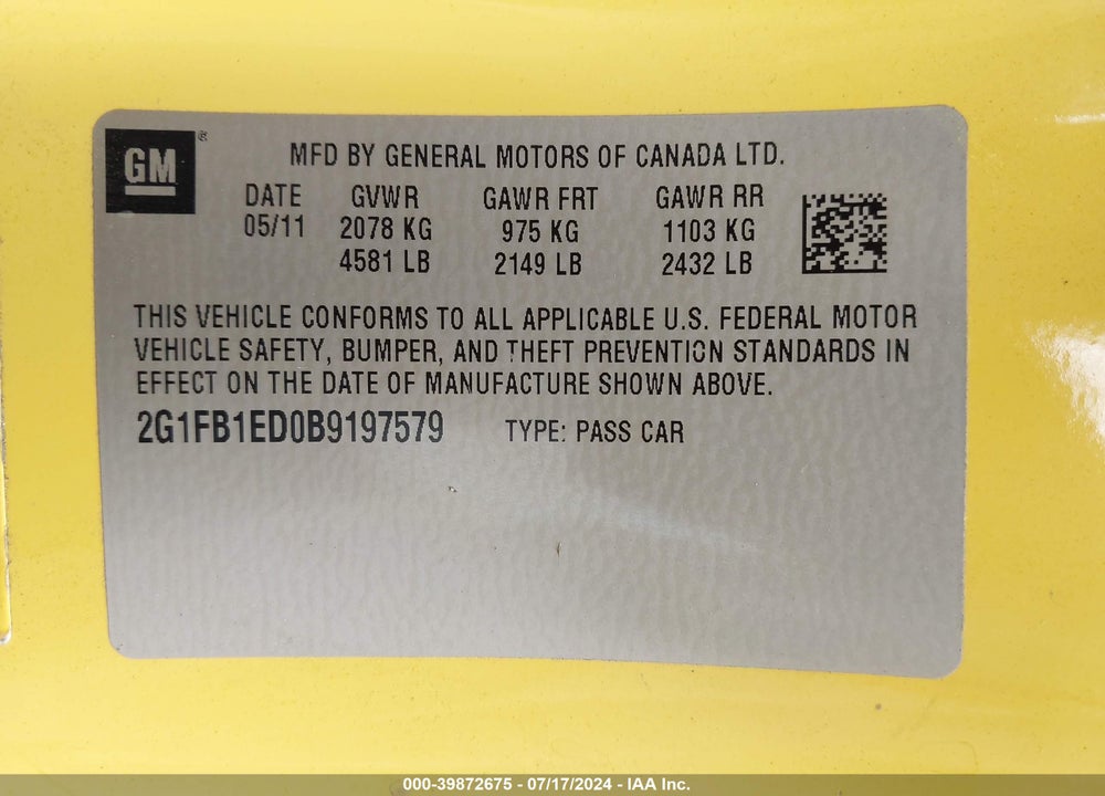 2011 CHEVROLET CAMARO 1LT VIN: 2G1FB1ED0B9197579